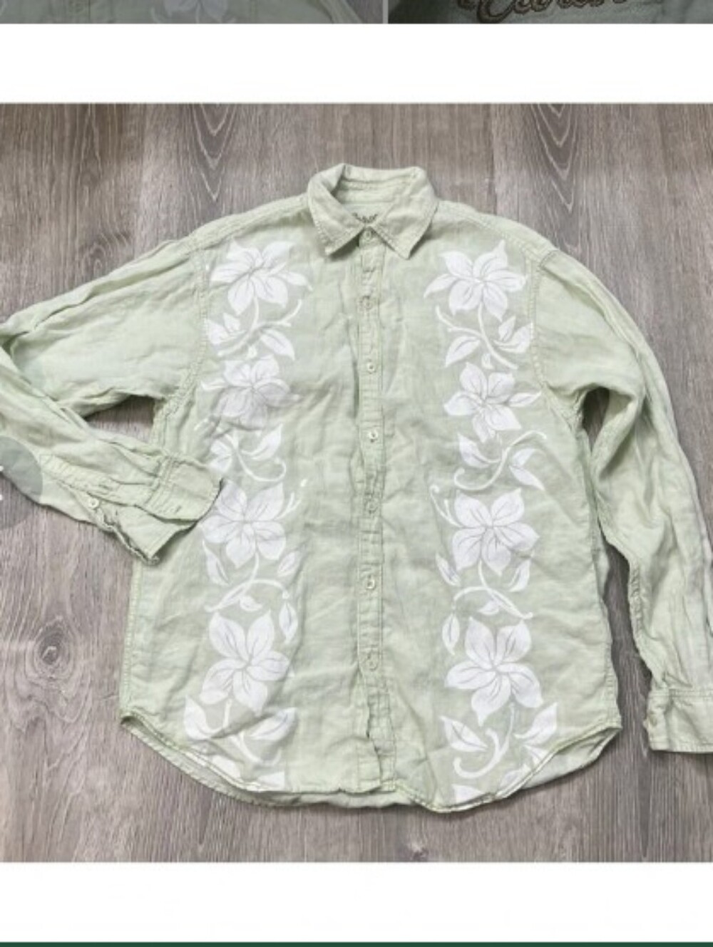 Caribbean Sz Med Pale Green Linen Button-Down with White Floral Embroidery
